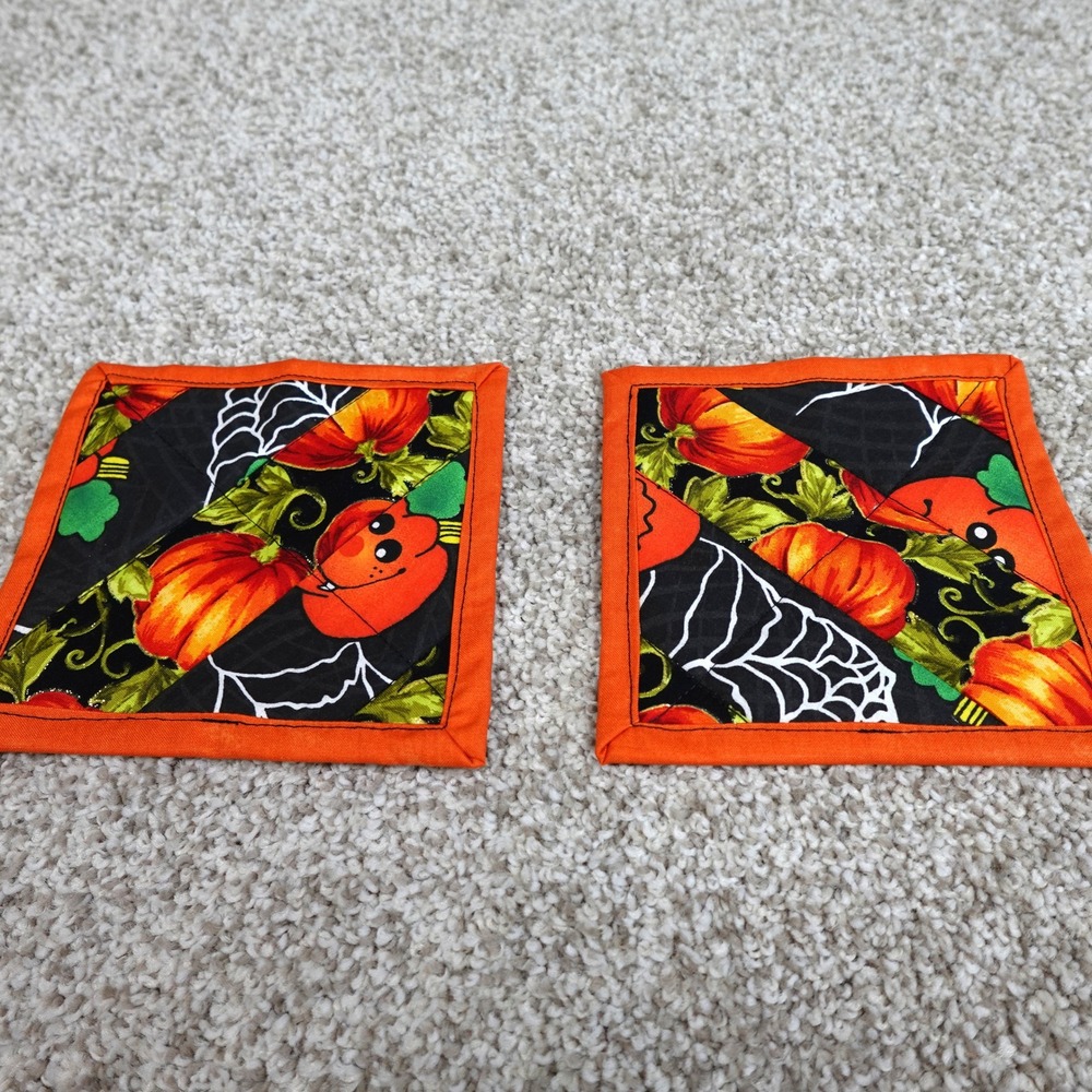 Handmade Quilted Mug Rug Set Halloween Pumpkin Jack O Lantern Coasters 2pc